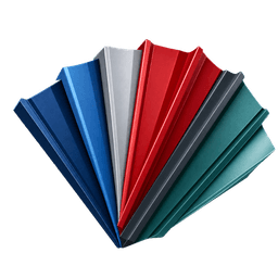 Architectural freedom illustration showing fanned out metal roofing and siding swatches
