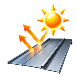 Cool roof energy savings illustration showing sun rays reflecting off metal roof panel