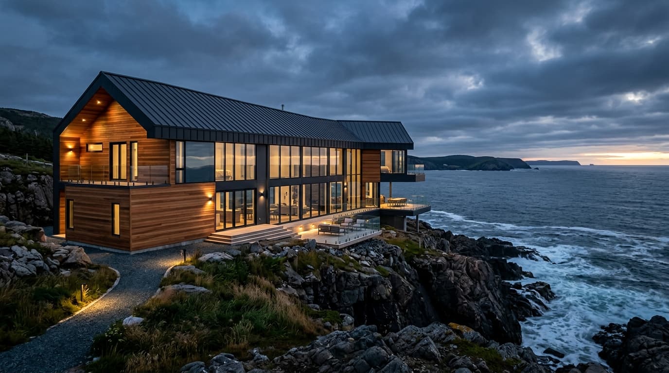 Luxury coastal residence with architectural standing seam metal roof in Newfoundland
