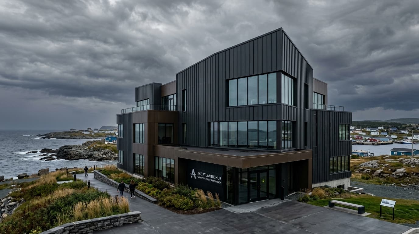 Modern commercial building with matte charcoal standing seam metal cladding