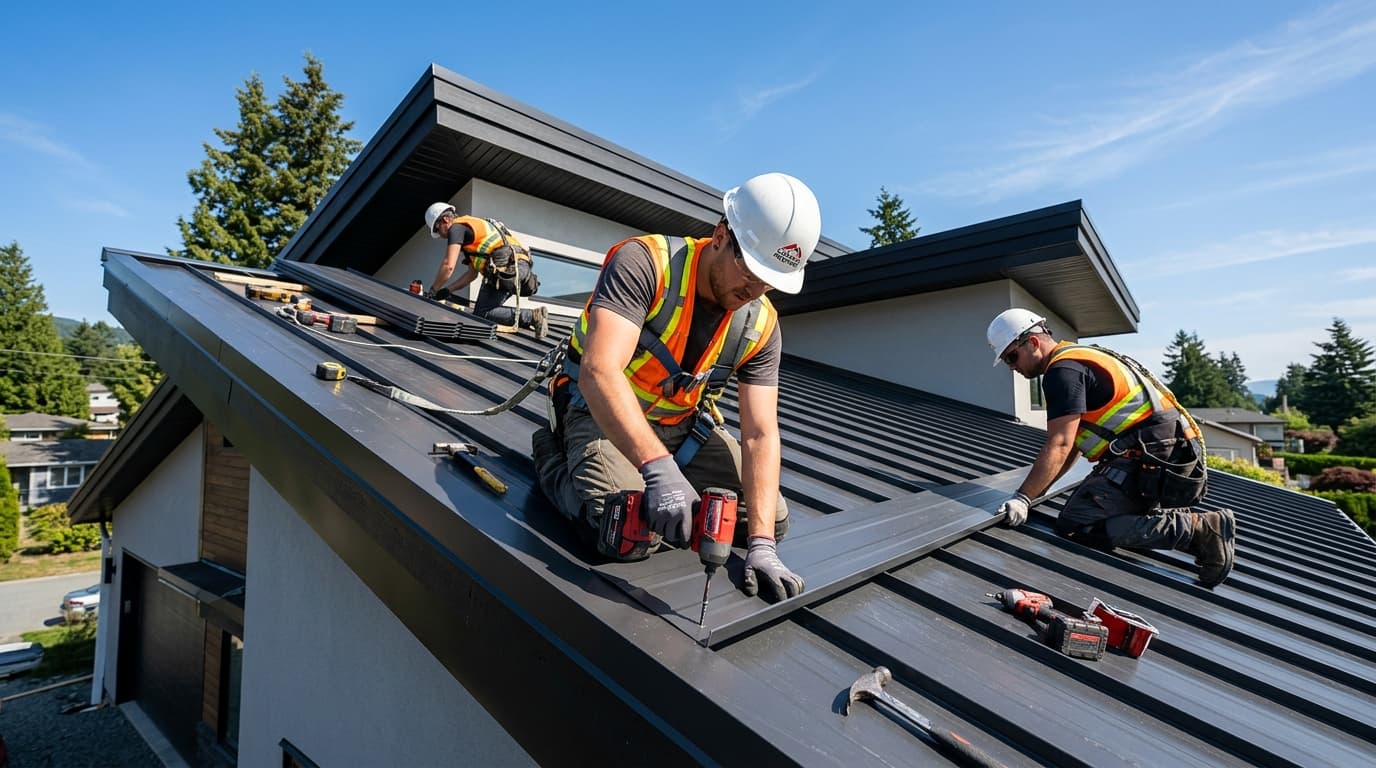 Professional roofers installing durable metal roofing panels